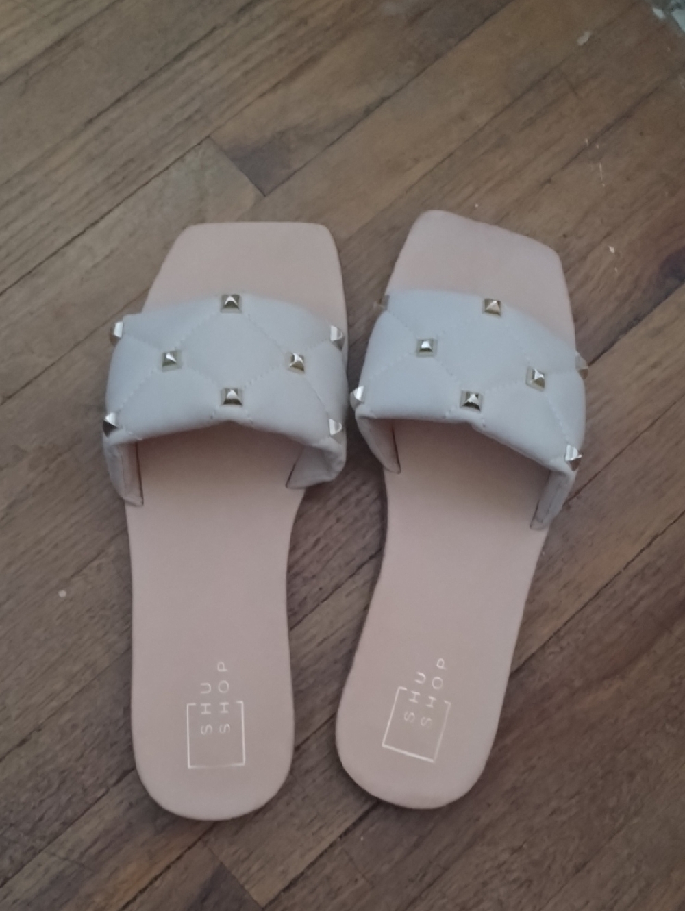 ShuShop Quilted Stud Slide Sandals in Light Taupe